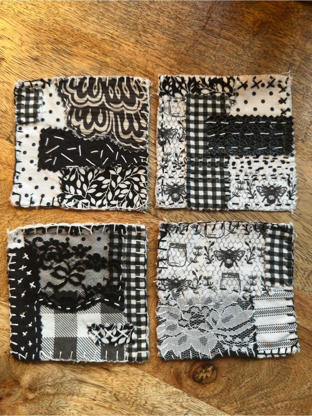 Handmade Black & White Fabric Patches, Sashiko hand stitched, Set of 4